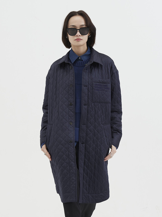 [UNISEX] Overfit Quilted Long Shirt Jacket Navy