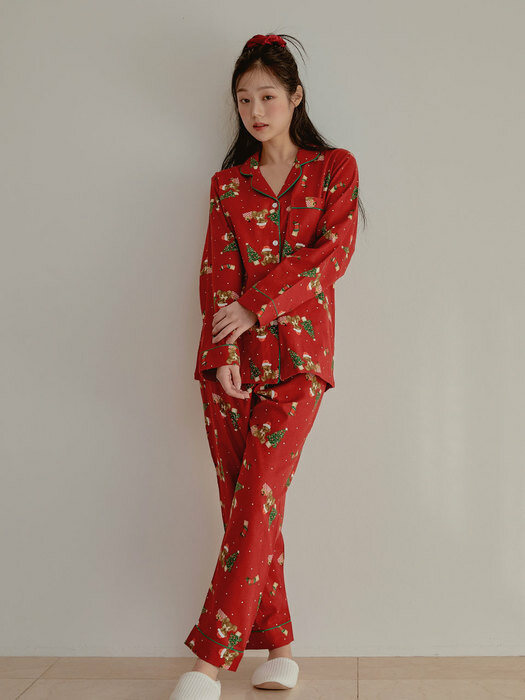 여성 산타베어 기모코튼 상하 잠옷(2C긴소매카라넥)