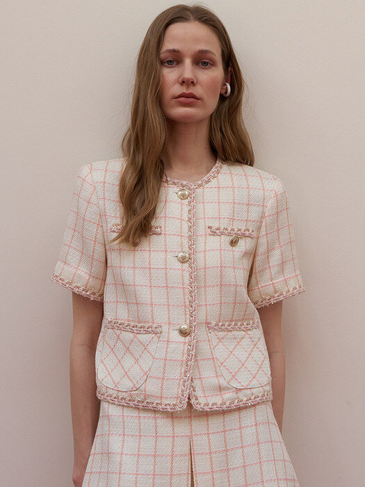 Linen tweed crop cardigan jacket - Pink
