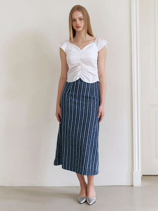 lace denim long skirt - blue