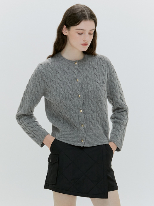 GOLD BUTTON CASHMERE CABLE CARDIGAN [IVORY][GRAY]
