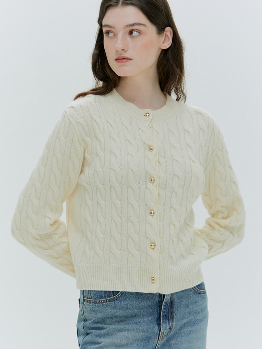 GOLD BUTTON CASHMERE CABLE CARDIGAN [IVORY][GRAY]