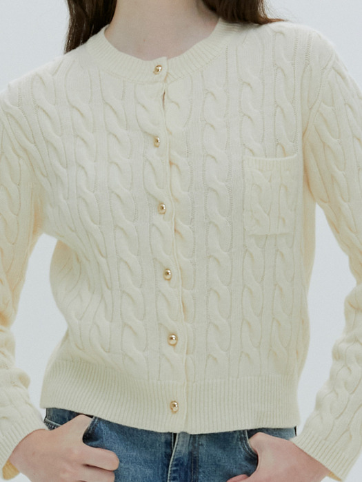 GOLD BUTTON CASHMERE CABLE CARDIGAN [IVORY][GRAY]