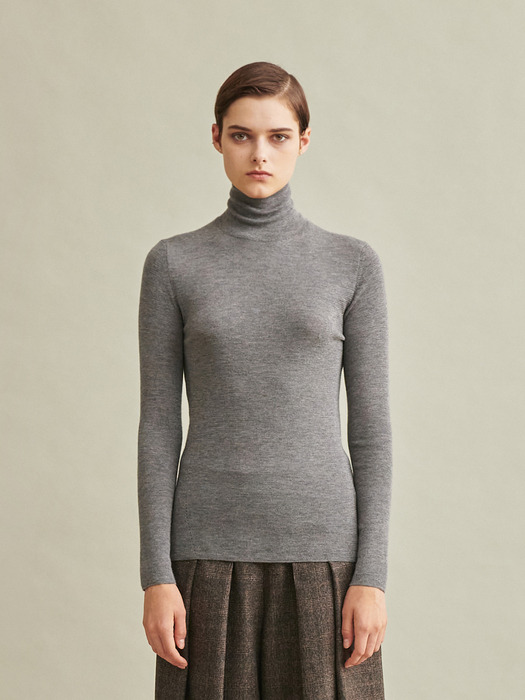 Silk Cashmere Turtleneck Knit Top Grey