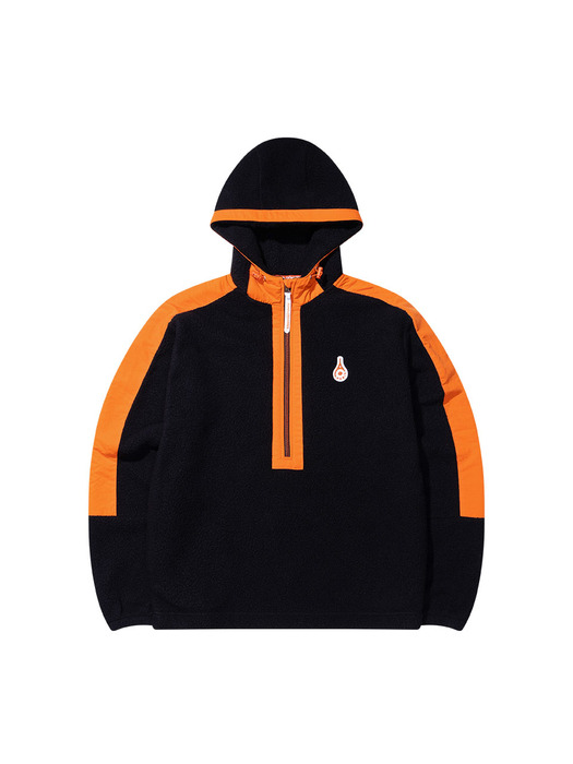 [Man] Color Block Sherpa Half Hoodie [Black&Orange]