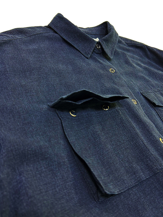 3D pocket belted shirt dress-Indigo blue