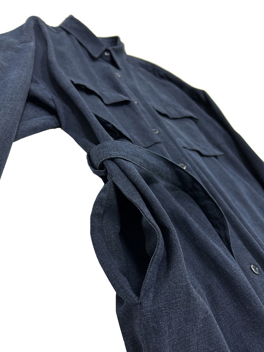 3D pocket belted shirt dress-Indigo blue