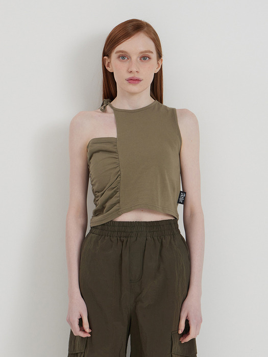 KHAKI SHIRRING CUT SLEEVELESS