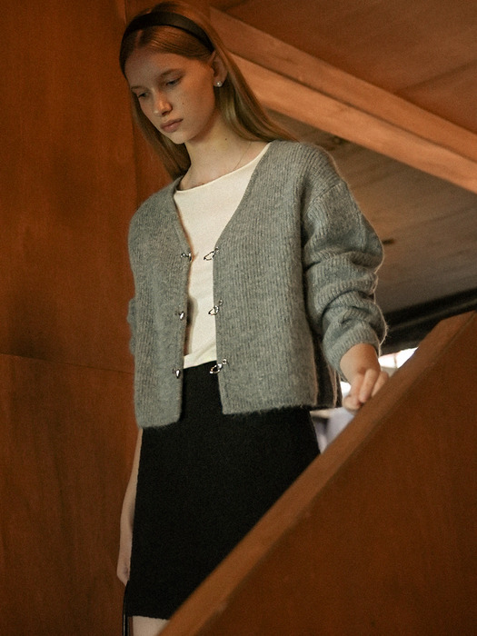 Buckle detail v-neck wool cardigan_Gray