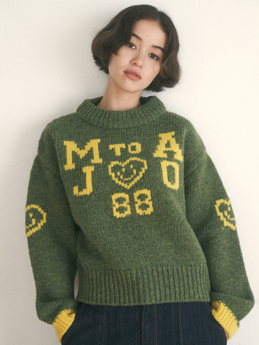 Smiley Hearts Wool Knit [Olive]