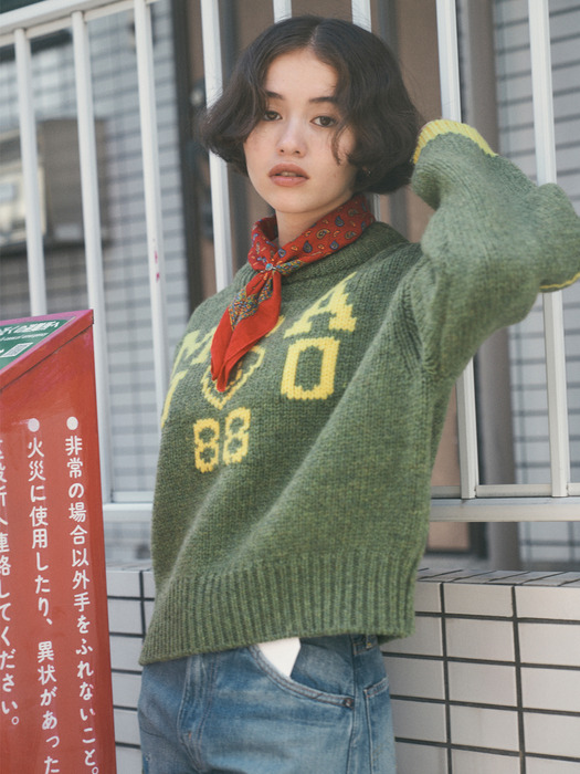 Smiley Hearts Wool Knit [Olive]