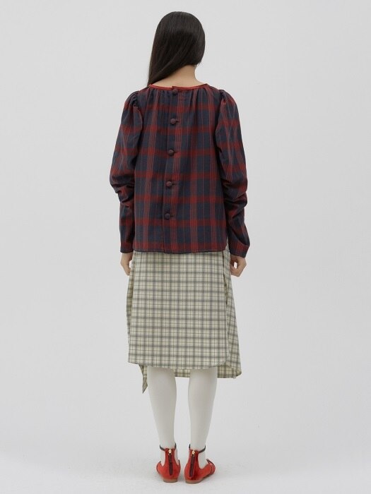 Checked puff-sleeve cotton blouse [red]