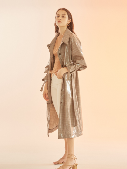 glossy check trench coat