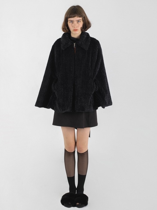 Furry zip-up cape coat_black
