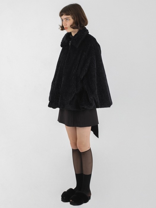 Furry zip-up cape coat_black