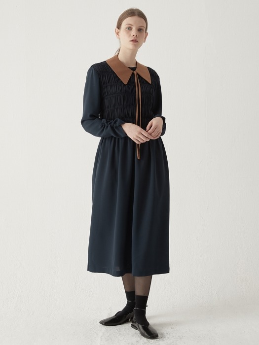 Shirring smocking one-piece - Navy