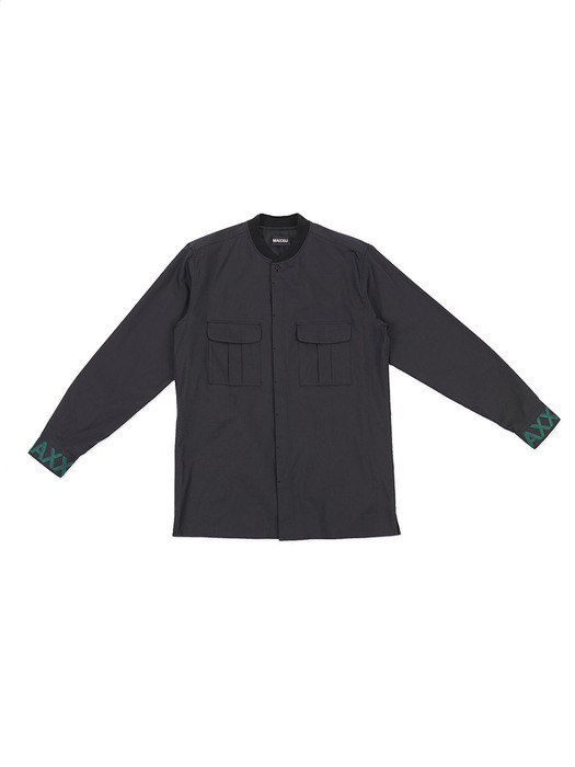 Military Bomber Neck Shirt with Cuff Embroidered Dark Navy