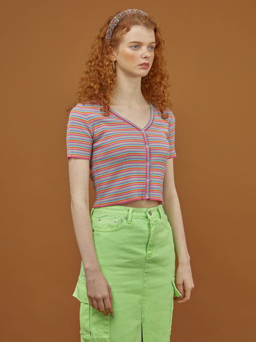 Pink Stripe  Crop Short Sleeved Cardigan