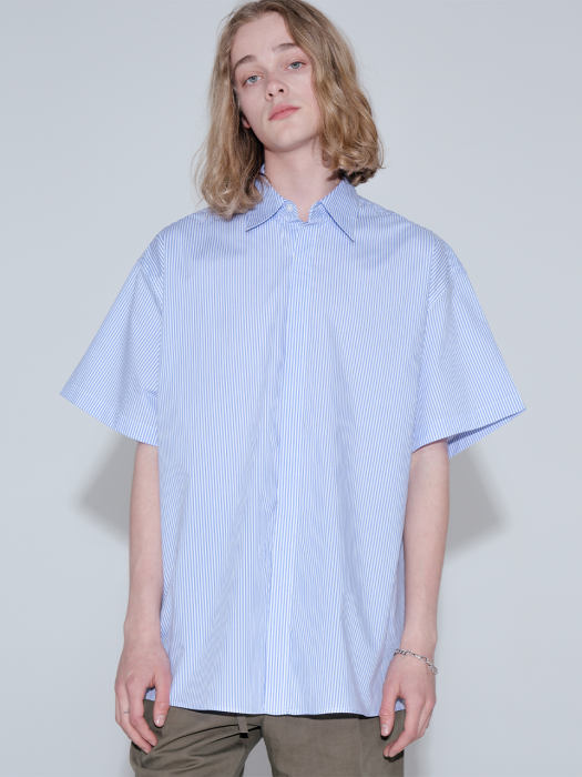  [프리미엄] Overfit hidden stripe half shirt_blue