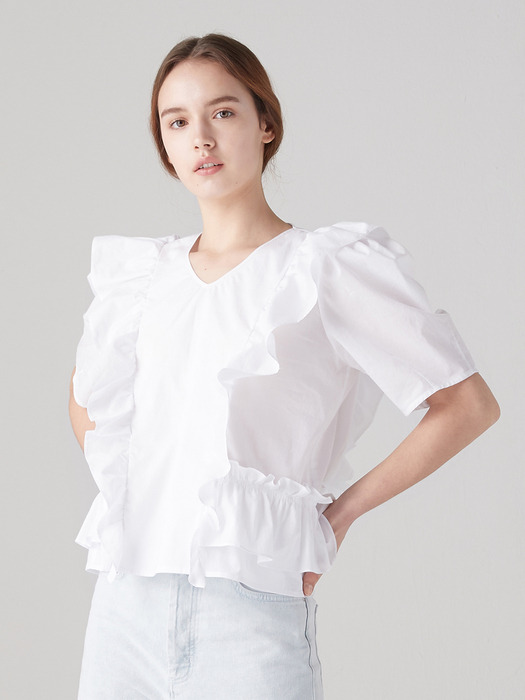 V-neck ruffle blouse - White