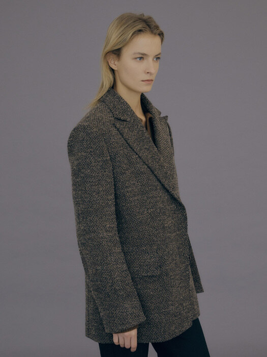 Peaked Lapel Open Wool Jacket / Brown Tweed