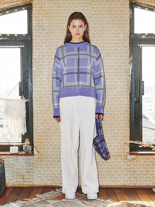 CHECK UNBLANCE KNIT TOP_LAVENDER (EEOO4NTR03W)