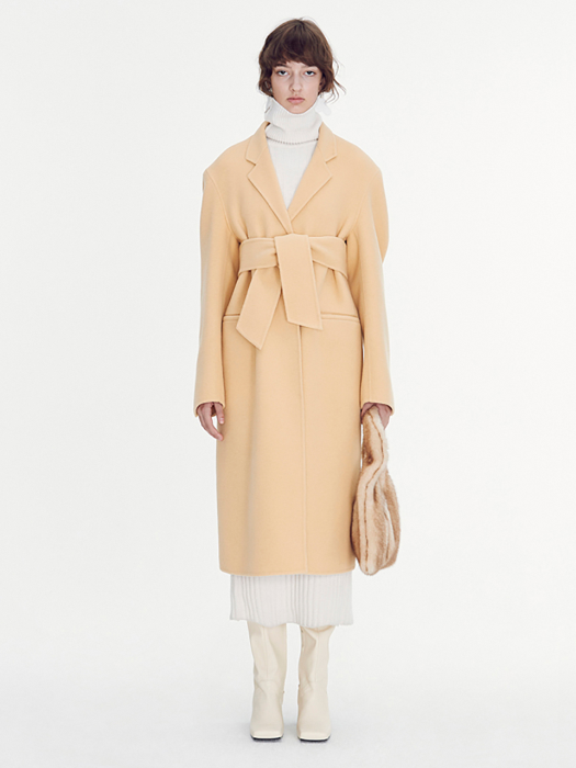WAIST-UP BELTED SOFT DOUBLE-FACED FABRIC HAND-MADE COAT (EGG-YELLOW)