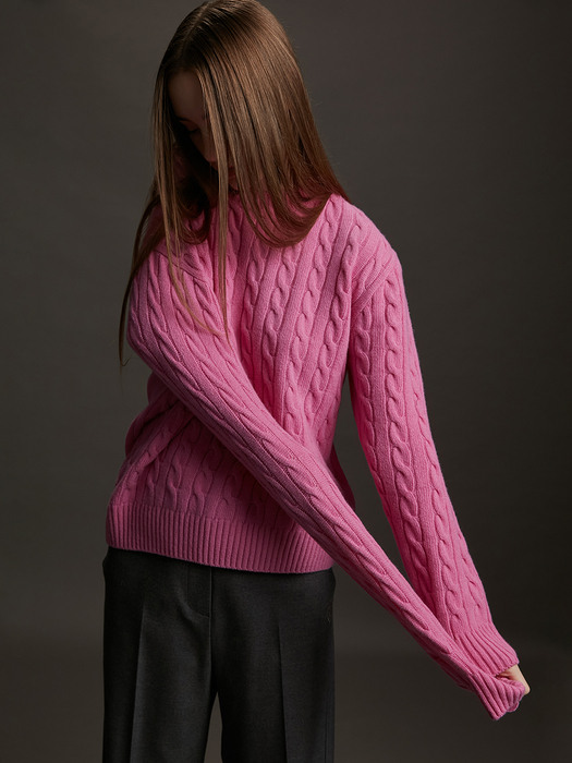 Pull Over Logo Cable Merino Wool Pink