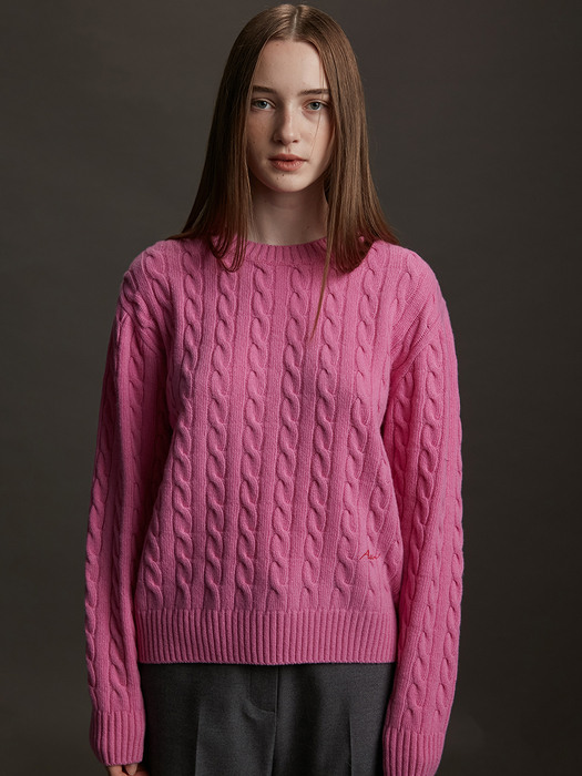 Pull Over Logo Cable Merino Wool Pink