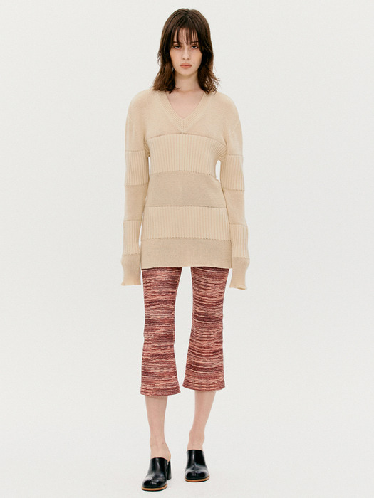 RIBBED BLOCK V-NECK SWEATER, BEIGE