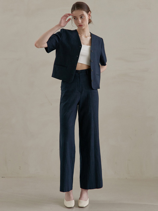 j951 linen short jacket +linen wide pants (navy)