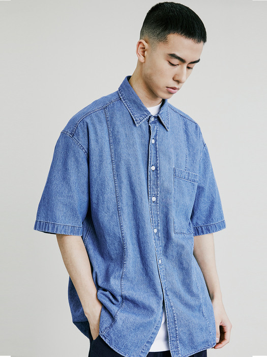 FRONT SEAM WASHED DENIM SHIRT LIGHTBLUE