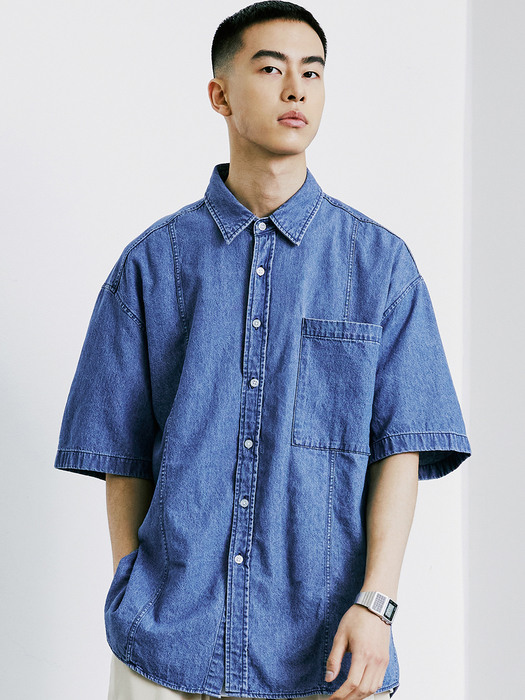 FRONT SEAM WASHED DENIM SHIRT LIGHTBLUE