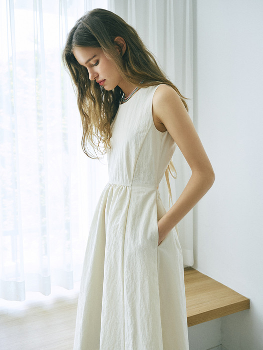 Strap Shirring Sleeveless Dress, Cream