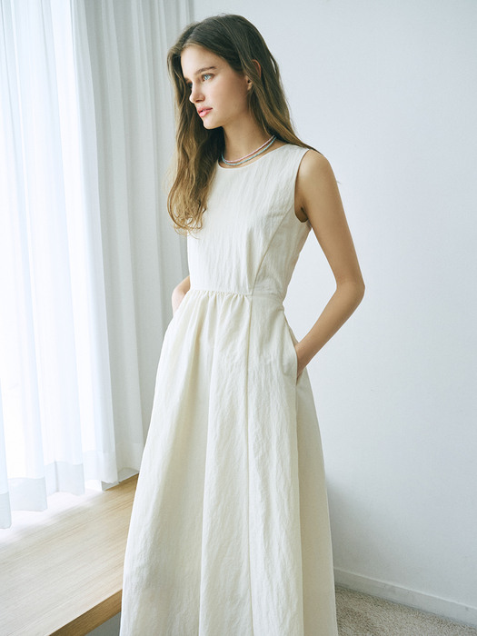 Strap Shirring Sleeveless Dress, Cream