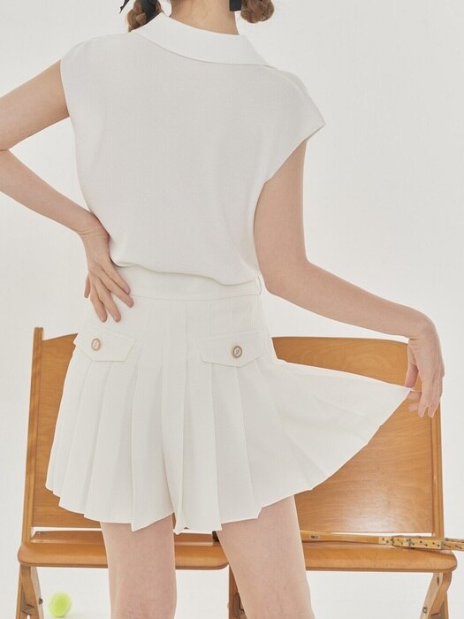 BUTTON-EMBELLISHED PLEATED SHORTS W/INNER PANTS_White