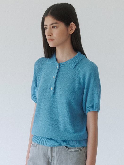 [Woman] Linen Boucle Collar Knit Top (Blue)