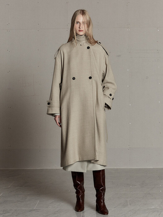 LETTRE Back Rimpled Belted Oversized Wool Trench_Otmeal Beige