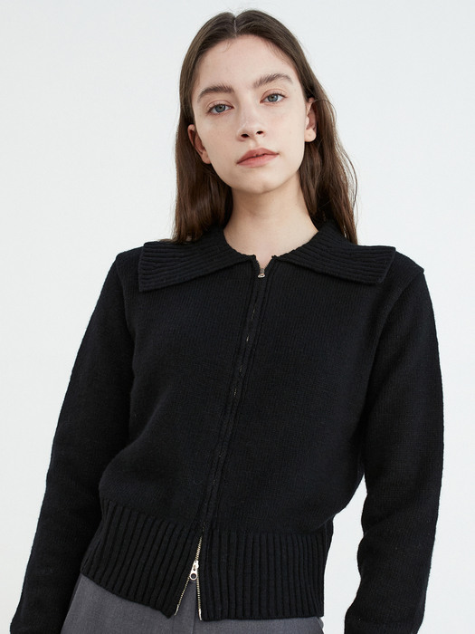 AD013 merino wool collar 2way zip-up knit (black)