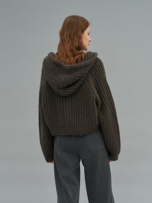 Short hoody zip-up Knit (Khaki Charcoal)