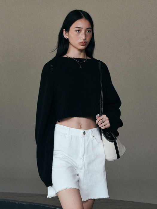 Neev니브]Back Point Crop Knit Top (Black)