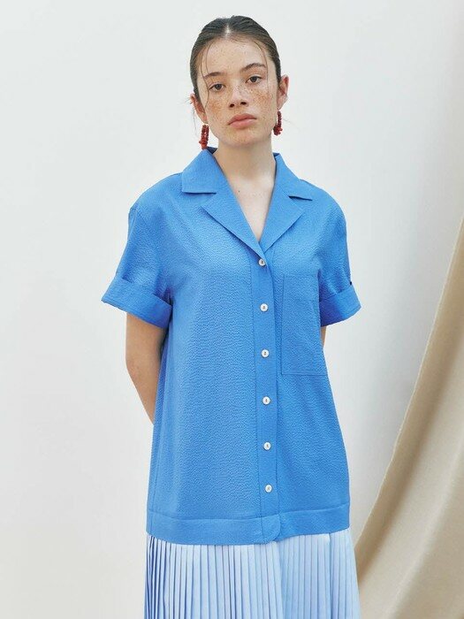 Seersucker Pleated Shirt Dress, Blue