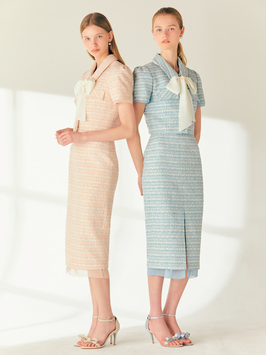 [SET]YESICA Ribbon tied tweed cropped jacket + TERI Chiffon layered H-line tweed long skirt (Pale coral pink/Minty blue)