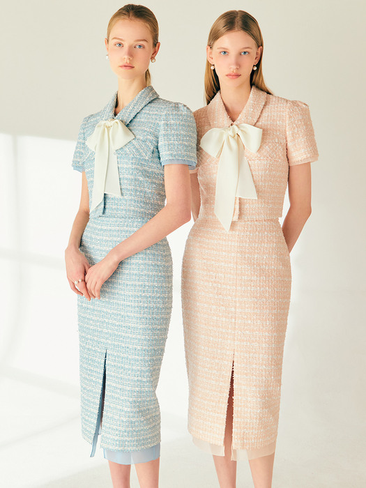 [SET]YESICA Ribbon tied tweed cropped jacket + TERI Chiffon layered H-line tweed long skirt (Pale coral pink/Minty blue)