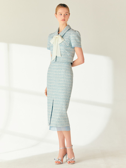 [SET]YESICA Ribbon tied tweed cropped jacket + TERI Chiffon layered H-line tweed long skirt (Pale coral pink/Minty blue)