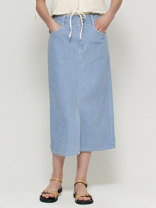 Front slit stitch denim skirt - Aqua blue