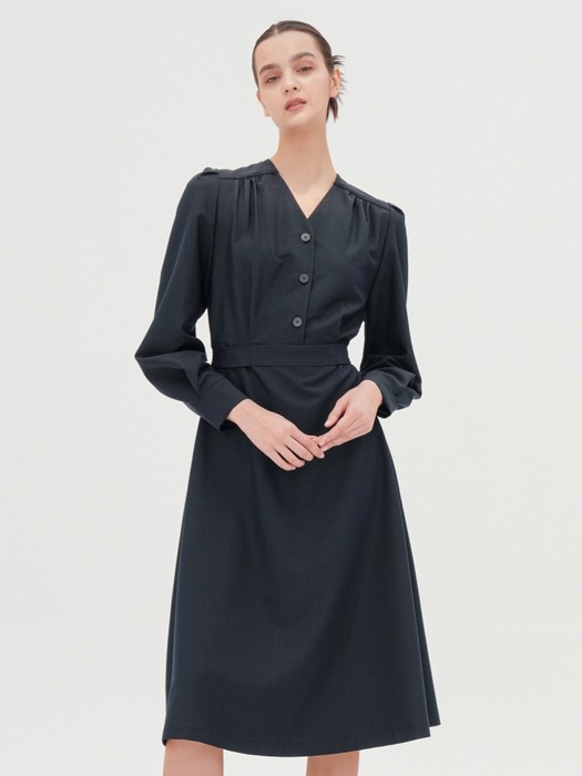 V-neck Long Sleeve Shirt Dress _Navy