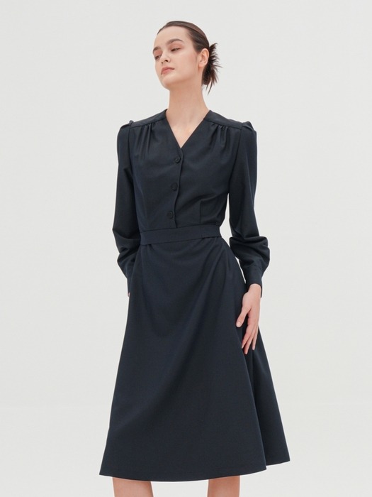 V-neck Long Sleeve Shirt Dress _Navy