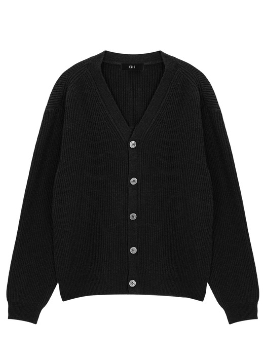 Bold Rib V neck Knit Cardigan - Black