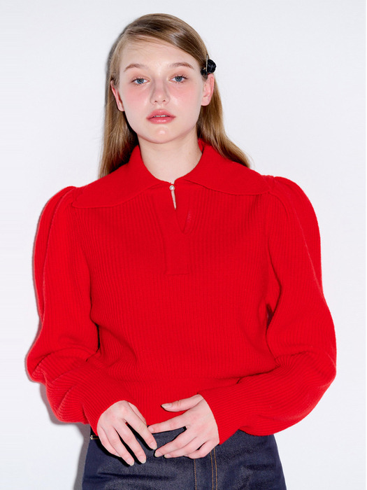 Collar neck puff knit_Red